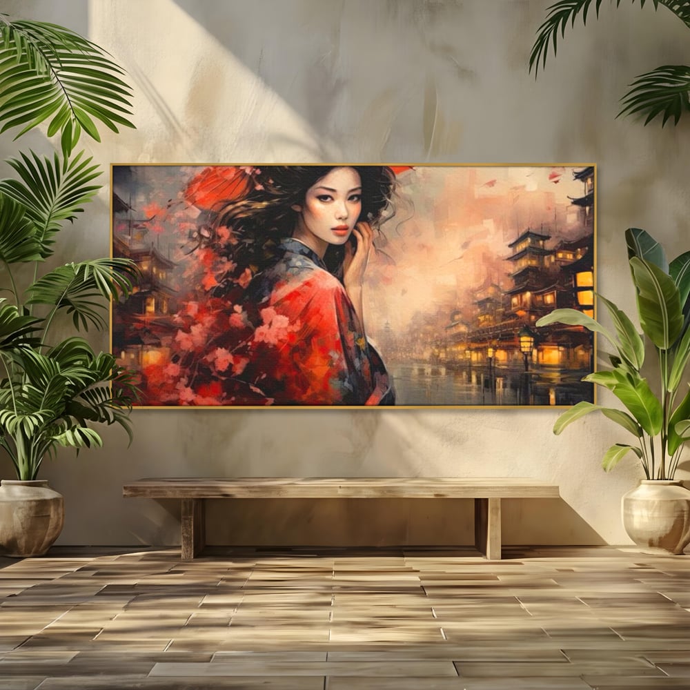 Leinwand Premium Leinwand Wandbilder, LuxCanva® G1116, Japanische Eleganz, Eis, Wind, Kirsche, Japanisch, Regenschirm, Schirm, Rosa, Kyoto, Asiatisch, Wohnen, Schlafzimmer
