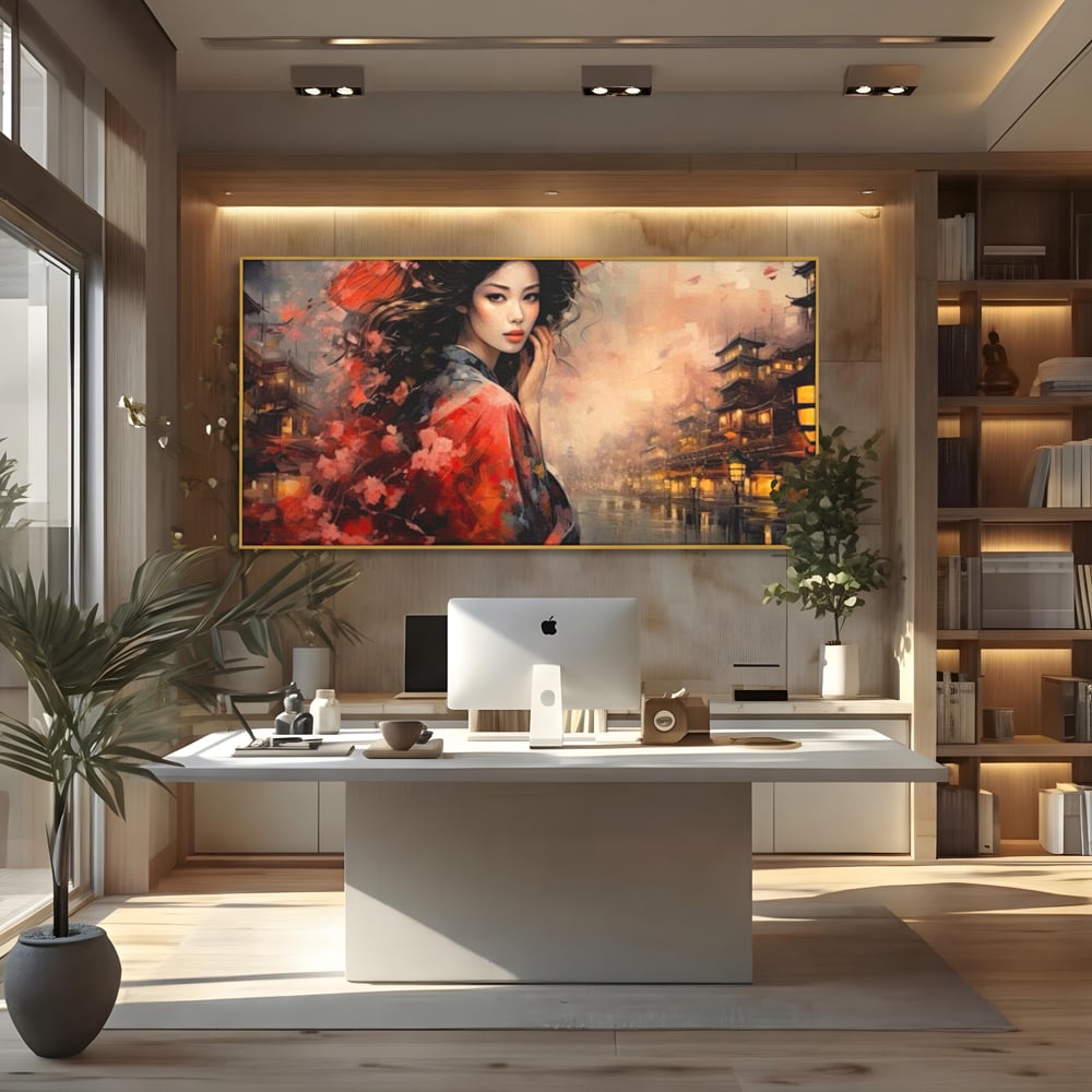 Leinwand Premium Leinwand Wandbilder, LuxCanva® G1116, Japanische Eleganz, Eis, Wind, Kirsche, Japanisch, Regenschirm, Schirm, Rosa, Kyoto, Asiatisch, Wohnen, Schlafzimmer