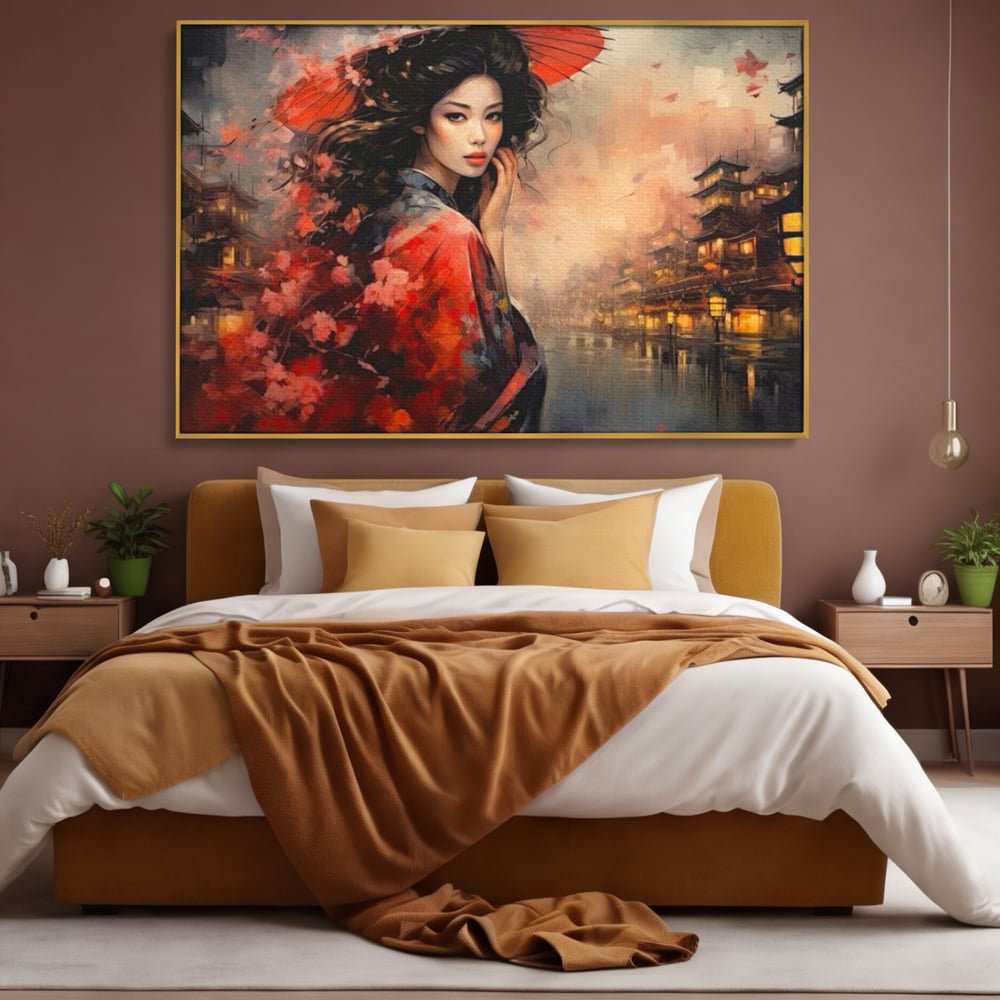 Leinwand Premium Leinwand Wandbilder, LuxCanva® G1116, Japanische Eleganz, Eis, Wind, Kirsche, Japanisch, Regenschirm, Schirm, Rosa, Kyoto, Asiatisch, Wohnen, Schlafzimmer