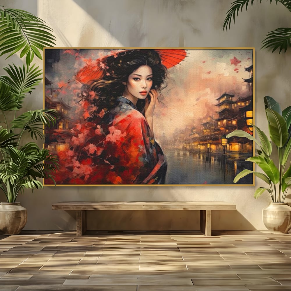Leinwand Premium Leinwand Wandbilder, LuxCanva® G1116, Japanische Eleganz, Eis, Wind, Kirsche, Japanisch, Regenschirm, Schirm, Rosa, Kyoto, Asiatisch, Wohnen, Schlafzimmer