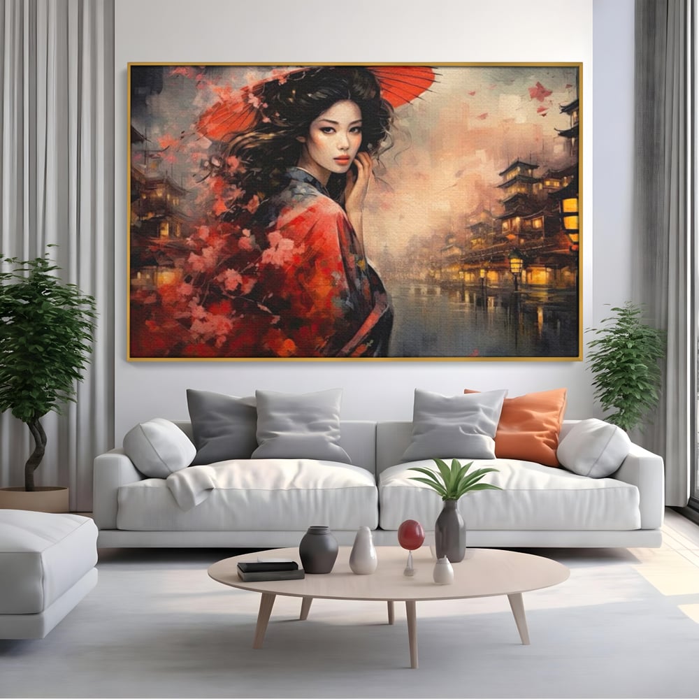 Leinwand Premium Leinwand Wandbilder, LuxCanva® G1116, Japanische Eleganz, Eis, Wind, Kirsche, Japanisch, Regenschirm, Schirm, Rosa, Kyoto, Asiatisch, Wohnen, Schlafzimmer