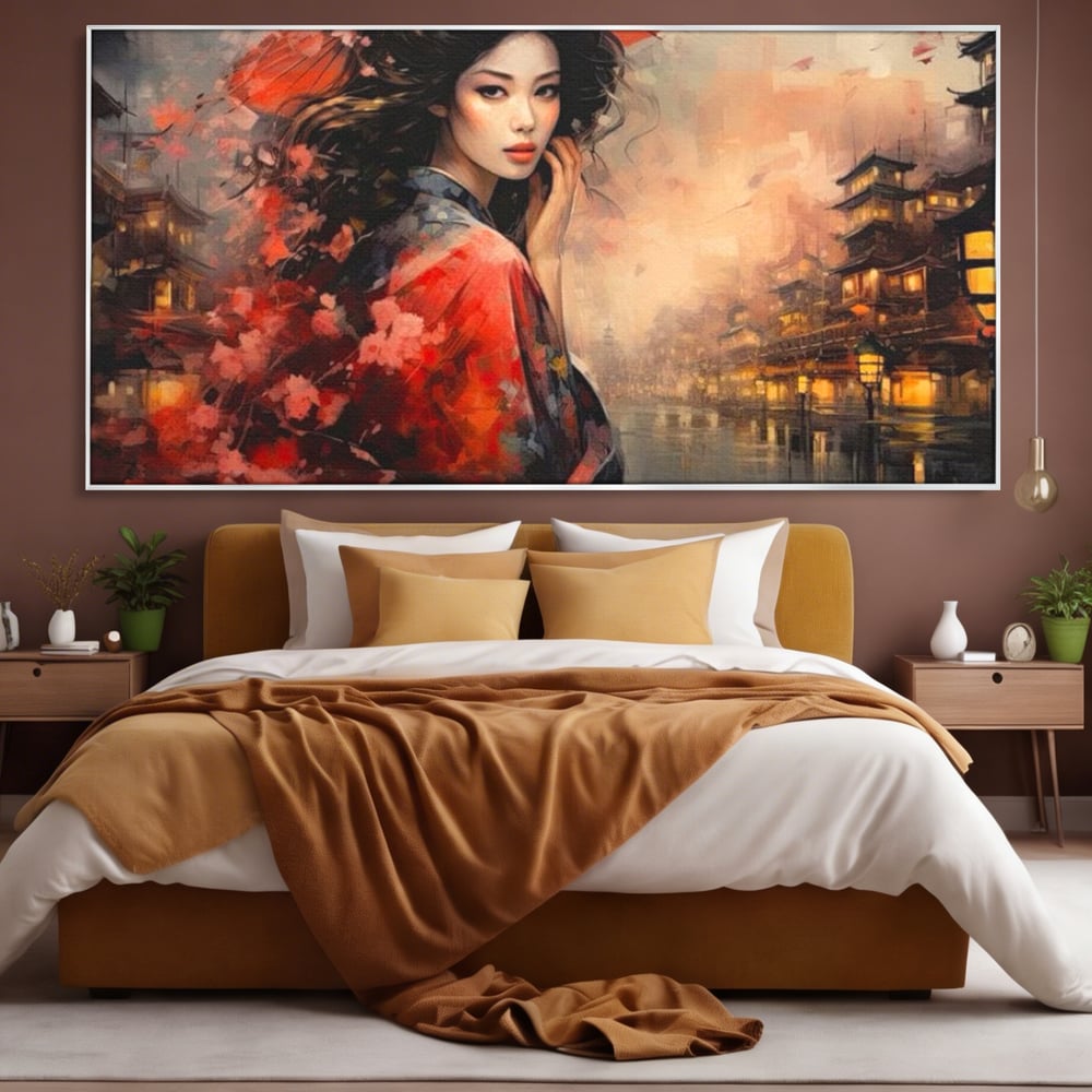 Leinwand Premium Leinwand Wandbilder, LuxCanva® G1116, Japanische Eleganz, Eis, Wind, Kirsche, Japanisch, Regenschirm, Schirm, Rosa, Kyoto, Asiatisch, Wohnen, Schlafzimmer
