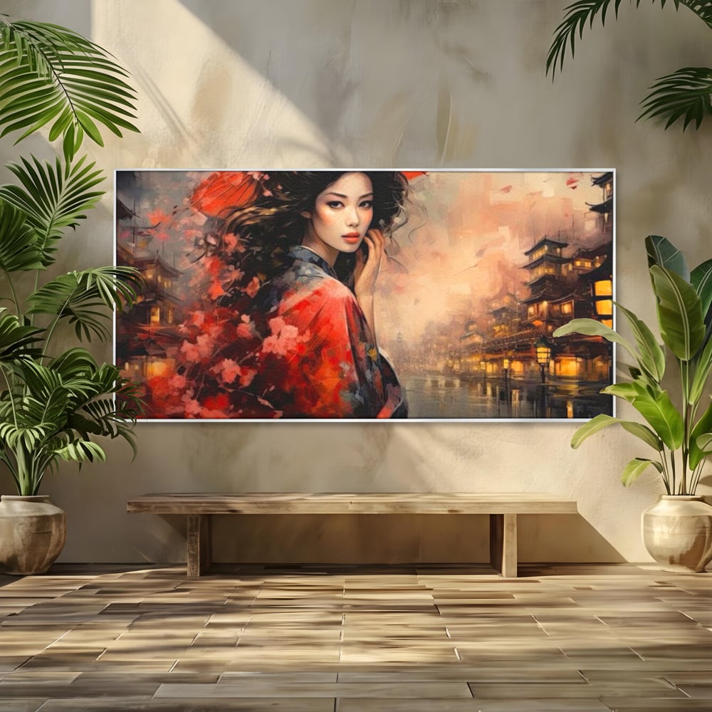 Leinwand Premium Leinwand Wandbilder, LuxCanva® G1116, Japanische Eleganz, Eis, Wind, Kirsche, Japanisch, Regenschirm, Schirm, Rosa, Kyoto, Asiatisch, Wohnen, Schlafzimmer