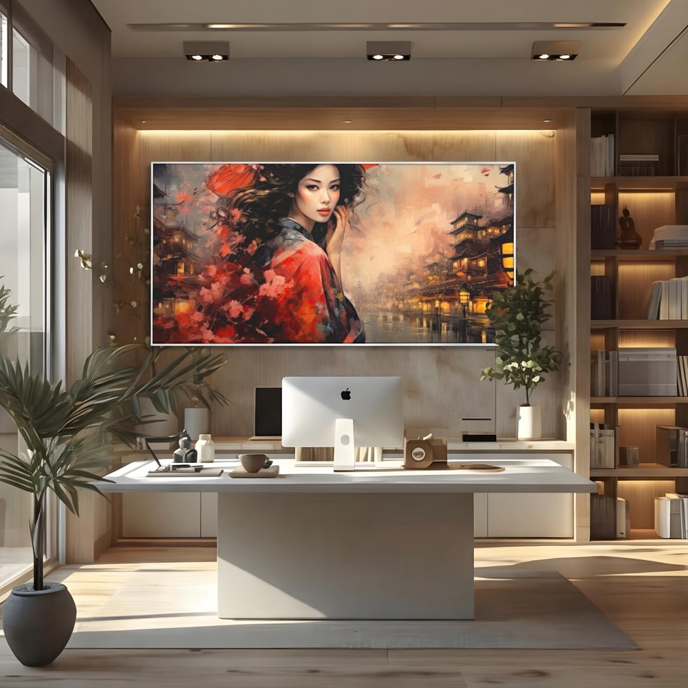 Leinwand Premium Leinwand Wandbilder, LuxCanva® G1116, Japanische Eleganz, Eis, Wind, Kirsche, Japanisch, Regenschirm, Schirm, Rosa, Kyoto, Asiatisch, Wohnen, Schlafzimmer