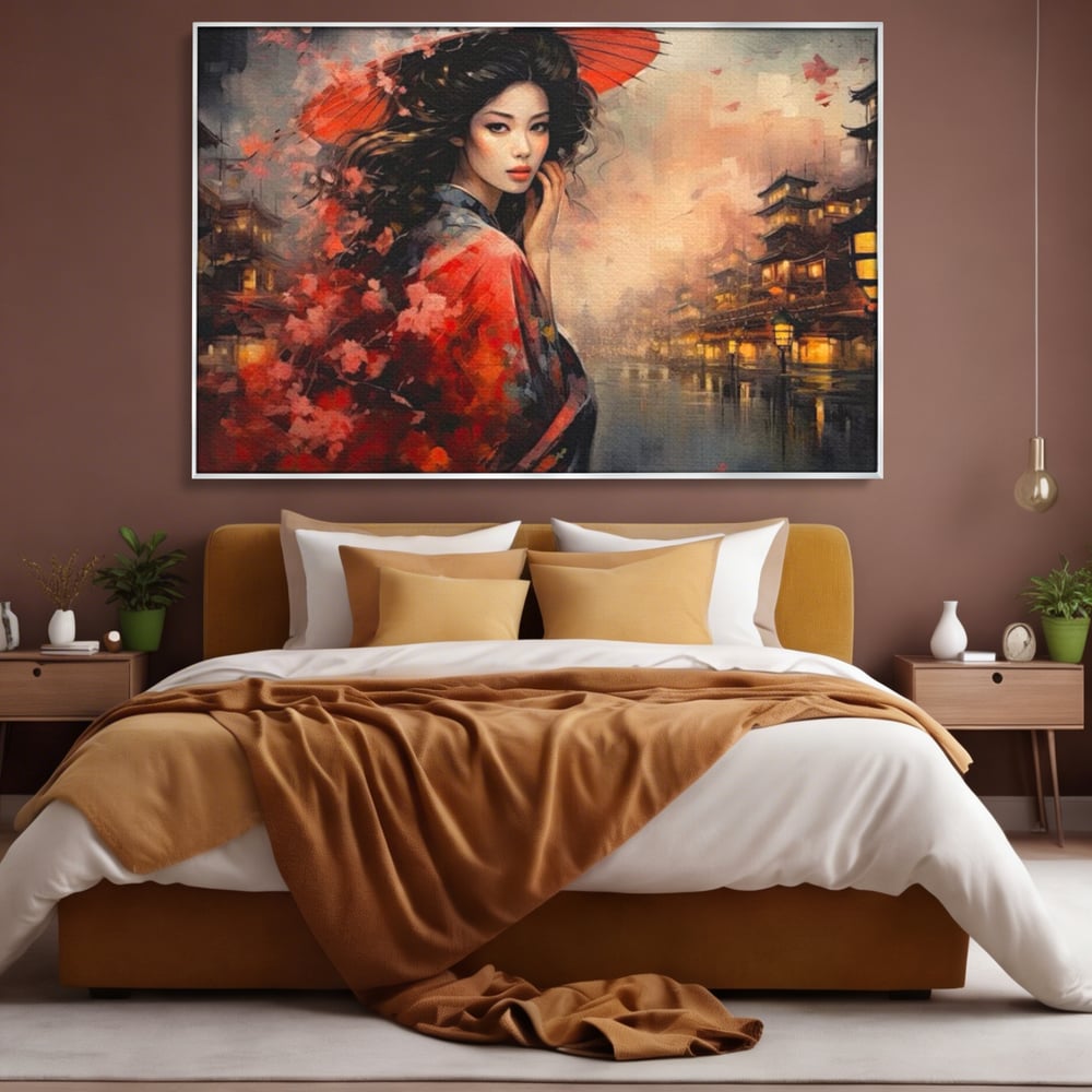 Leinwand Premium Leinwand Wandbilder, LuxCanva® G1116, Japanische Eleganz, Eis, Wind, Kirsche, Japanisch, Regenschirm, Schirm, Rosa, Kyoto, Asiatisch, Wohnen, Schlafzimmer