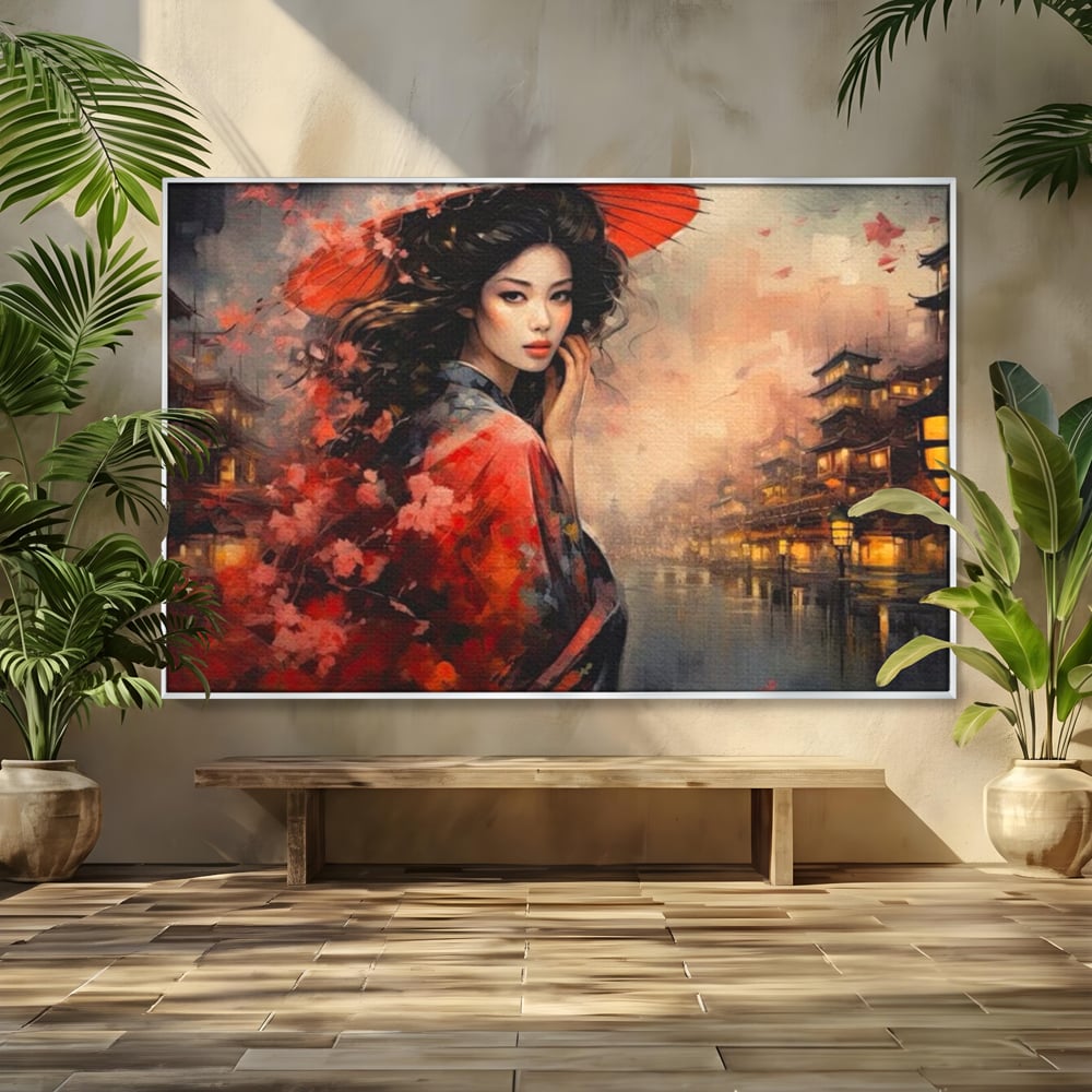 Leinwand Premium Leinwand Wandbilder, LuxCanva® G1116, Japanische Eleganz, Eis, Wind, Kirsche, Japanisch, Regenschirm, Schirm, Rosa, Kyoto, Asiatisch, Wohnen, Schlafzimmer
