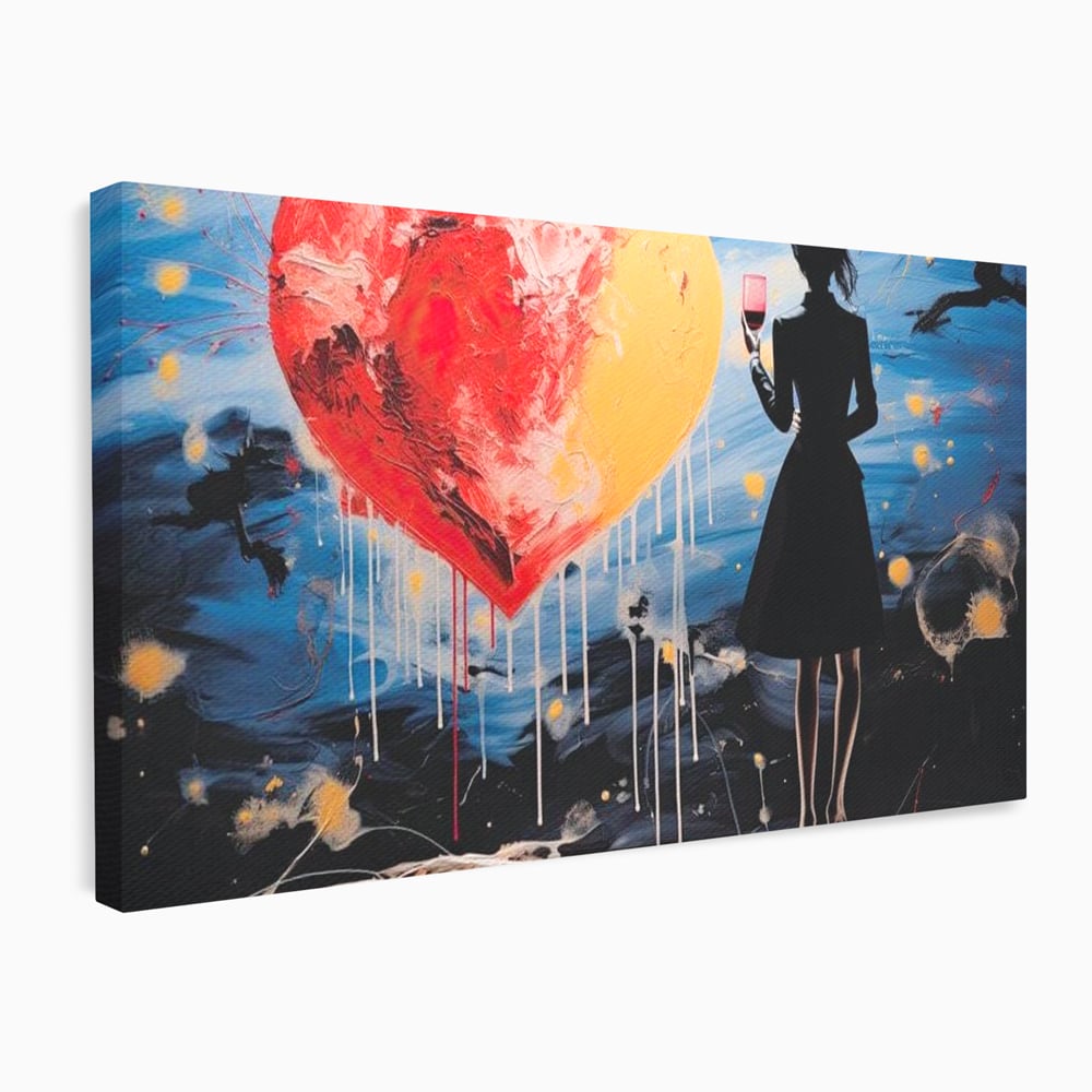 Tablou Canvas Premium, LuxCanva® G1117, Inima si Pahar, Noapte, Iubire, Femeie, Visare, Dor, Dragoste, Indragostita, Vin, Romantism, Living, Dormitor