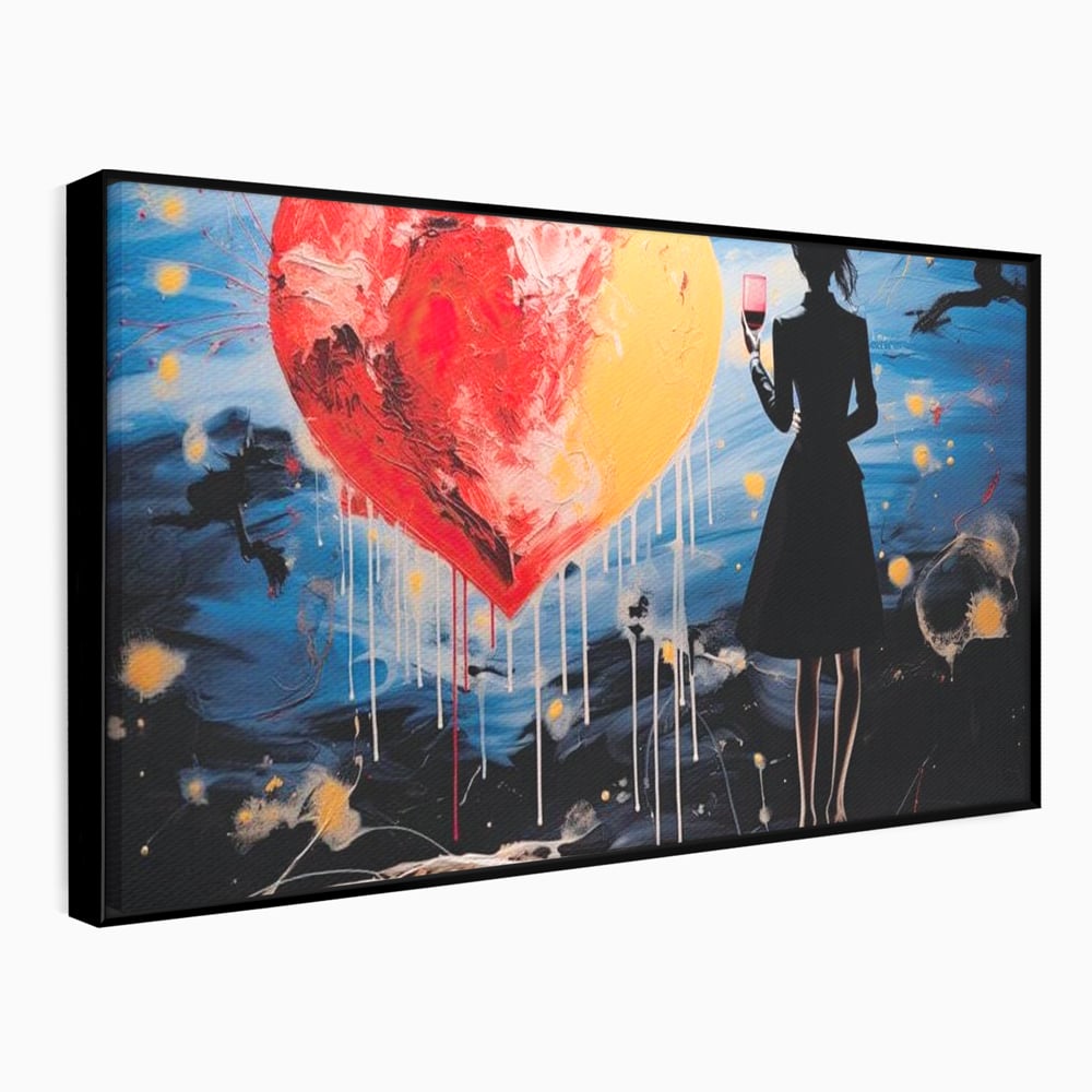 Tablou Canvas Premium, LuxCanva® G1117, Inima si Pahar, Noapte, Iubire, Femeie, Visare, Dor, Dragoste, Indragostita, Vin, Romantism, Living, Dormitor