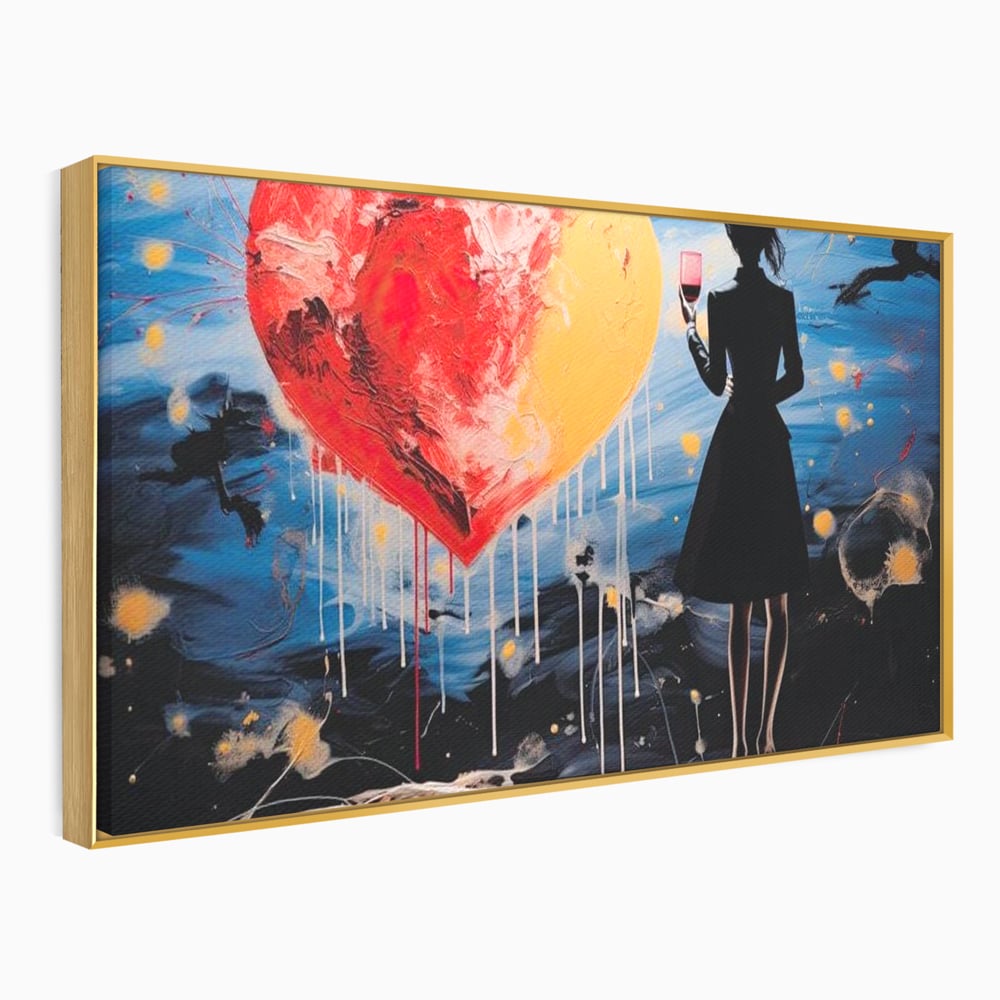 Tablou Canvas Premium, LuxCanva® G1117, Inima si Pahar, Noapte, Iubire, Femeie, Visare, Dor, Dragoste, Indragostita, Vin, Romantism, Living, Dormitor