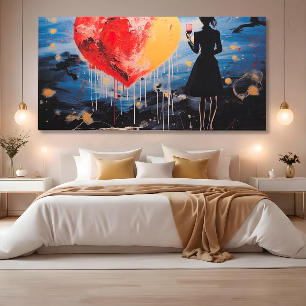 Tablou Canvas Premium, LuxCanva® G1117, Inima si Pahar, Noapte, Iubire, Femeie, Visare, Dor, Dragoste, Indragostita, Vin, Romantism, Living, Dormitor