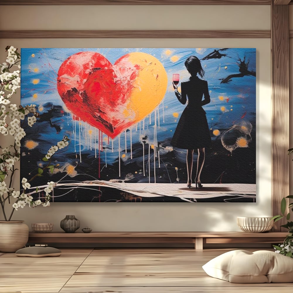 Tablou Canvas Premium, LuxCanva® G1117, Inima si Pahar, Noapte, Iubire, Femeie, Visare, Dor, Dragoste, Indragostita, Vin, Romantism, Living, Dormitor