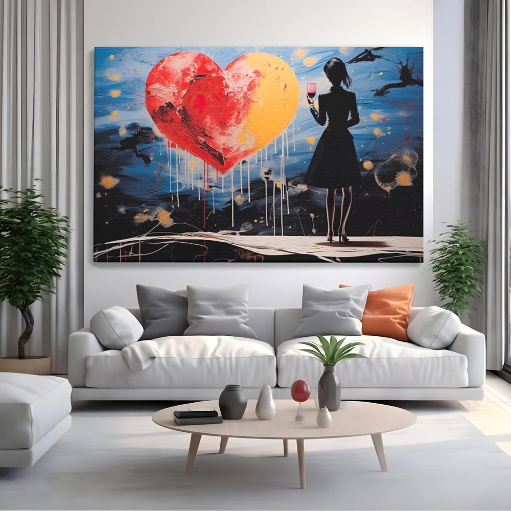 Tablou Canvas Premium, LuxCanva® G1117, Inima si Pahar, Noapte, Iubire, Femeie, Visare, Dor, Dragoste, Indragostita, Vin, Romantism, Living, Dormitor