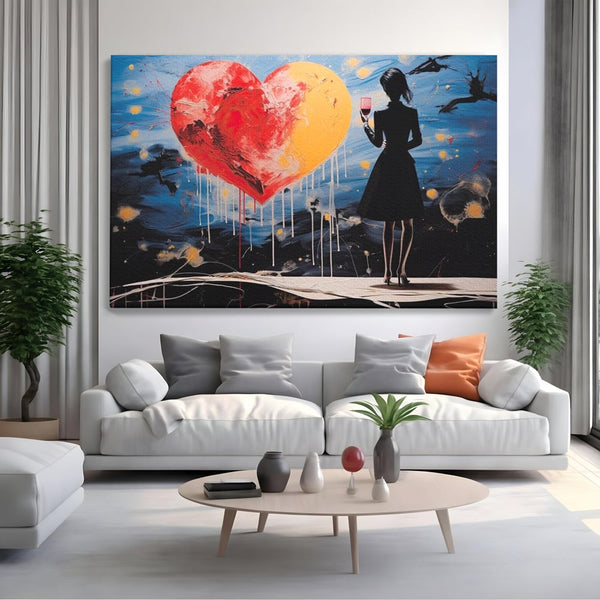 Tablou Canvas Premium, LuxCanva® G1117, Inima si Pahar, Noapte, Iubire, Femeie, Visare, Dor, Dragoste, Indragostita, Vin, Romantism, Living, Dormitor