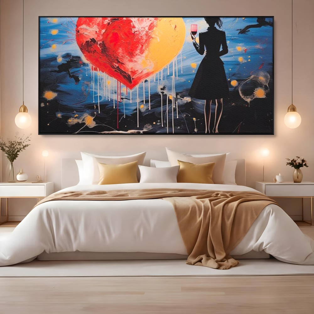 Tablou Canvas Premium, LuxCanva® G1117, Inima si Pahar, Noapte, Iubire, Femeie, Visare, Dor, Dragoste, Indragostita, Vin, Romantism, Living, Dormitor