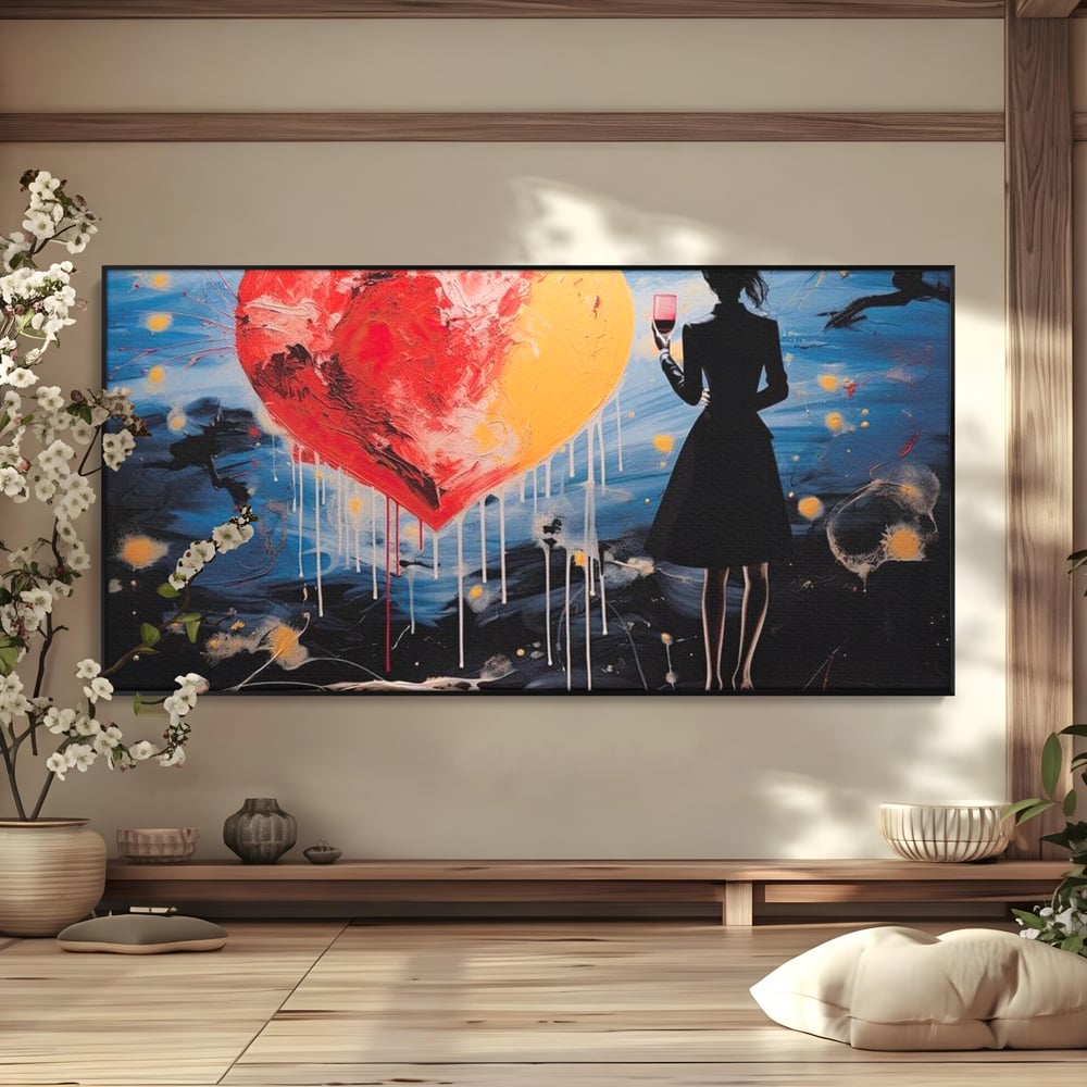 Tablou Canvas Premium, LuxCanva® G1117, Inima si Pahar, Noapte, Iubire, Femeie, Visare, Dor, Dragoste, Indragostita, Vin, Romantism, Living, Dormitor