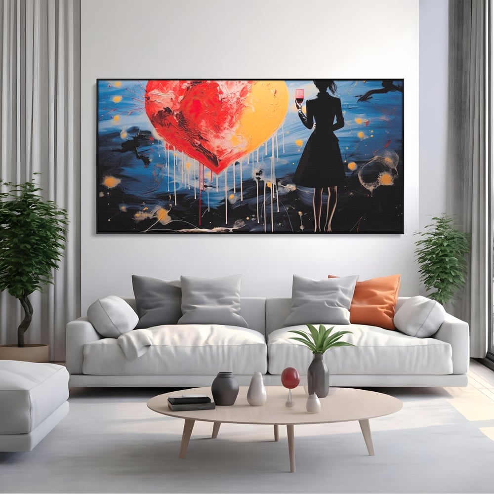 Tablou Canvas Premium, LuxCanva® G1117, Inima si Pahar, Noapte, Iubire, Femeie, Visare, Dor, Dragoste, Indragostita, Vin, Romantism, Living, Dormitor