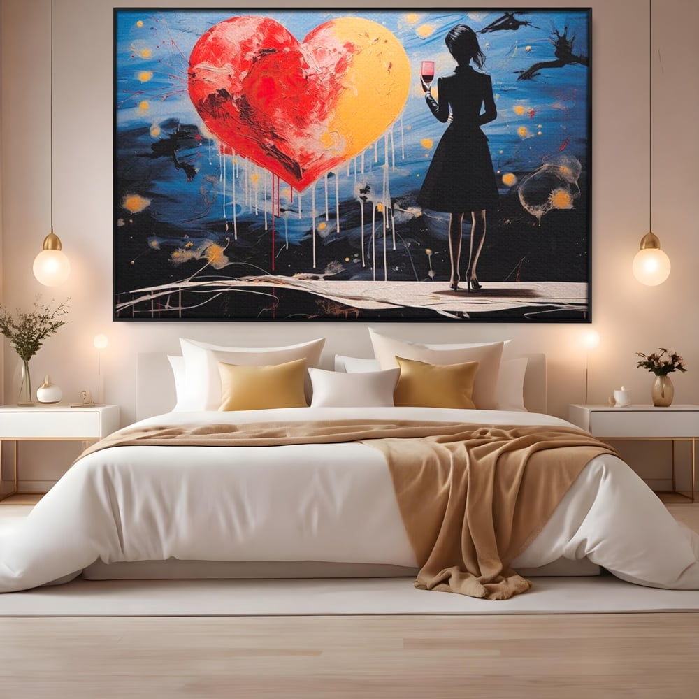 Tablou Canvas Premium, LuxCanva® G1117, Inima si Pahar, Noapte, Iubire, Femeie, Visare, Dor, Dragoste, Indragostita, Vin, Romantism, Living, Dormitor