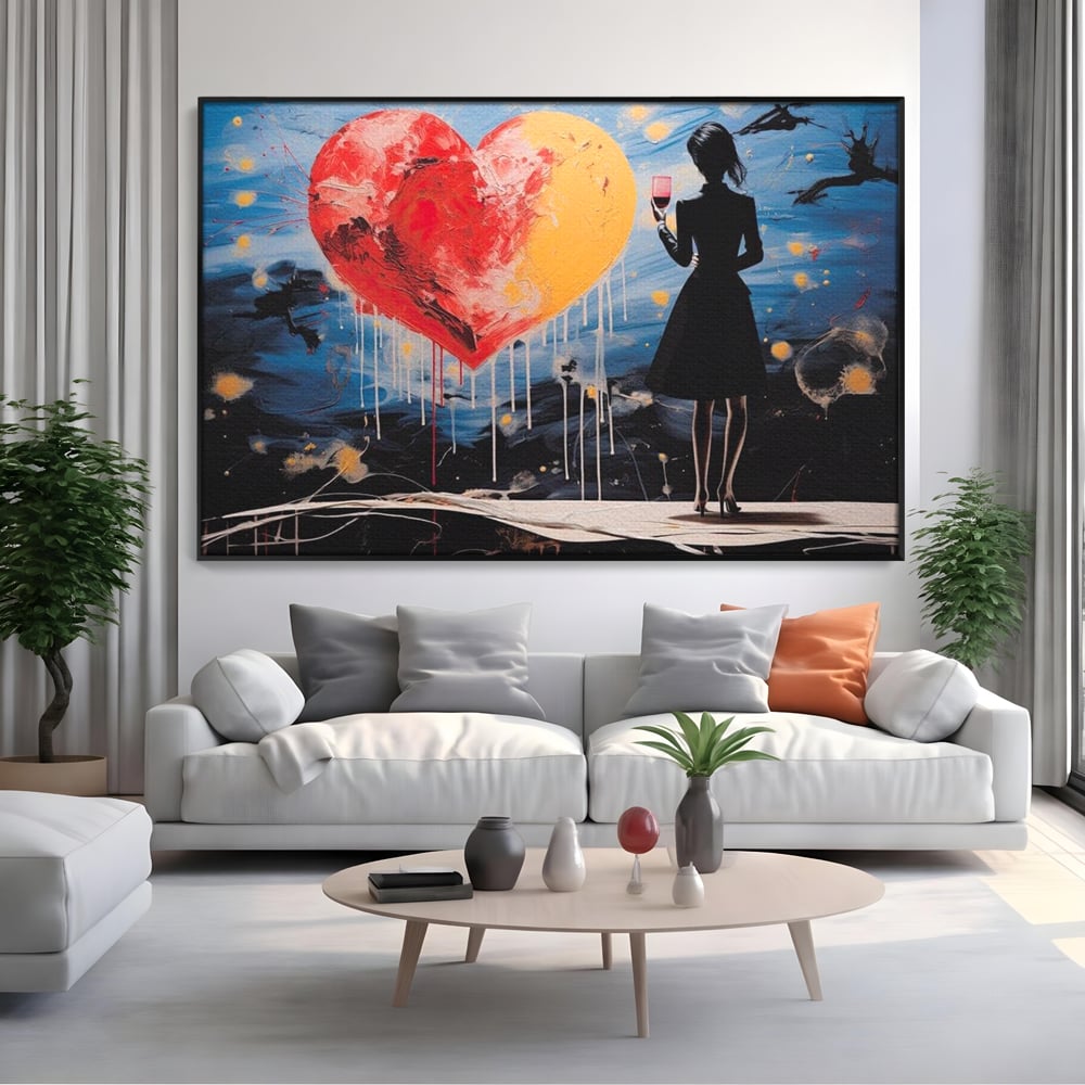 Tablou Canvas Premium, LuxCanva® G1117, Inima si Pahar, Noapte, Iubire, Femeie, Visare, Dor, Dragoste, Indragostita, Vin, Romantism, Living, Dormitor