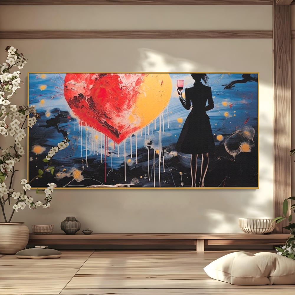 Tablou Canvas Premium, LuxCanva® G1117, Inima si Pahar, Noapte, Iubire, Femeie, Visare, Dor, Dragoste, Indragostita, Vin, Romantism, Living, Dormitor