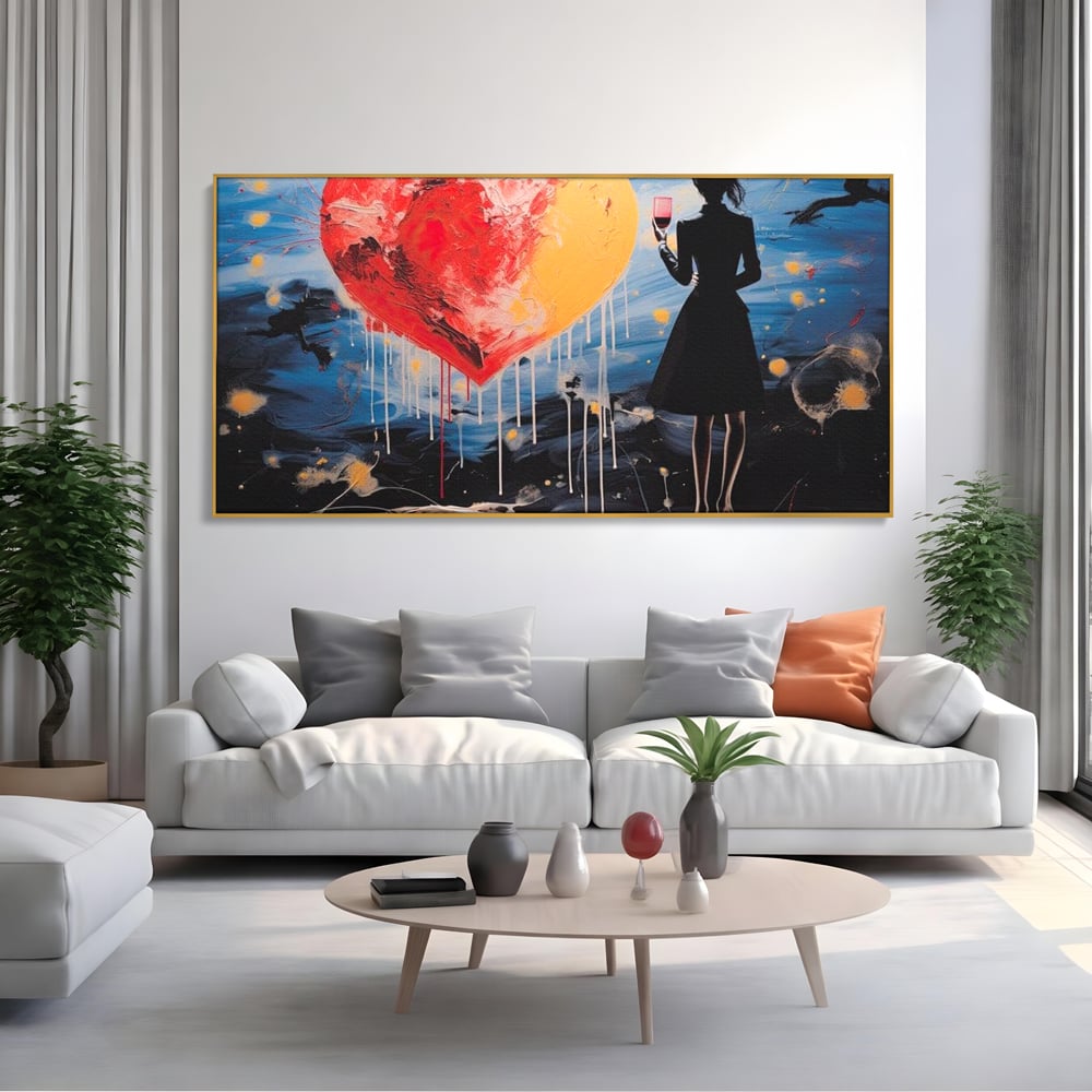 Tablou Canvas Premium, LuxCanva® G1117, Inima si Pahar, Noapte, Iubire, Femeie, Visare, Dor, Dragoste, Indragostita, Vin, Romantism, Living, Dormitor