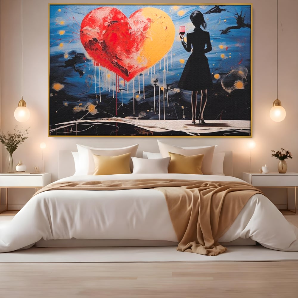 Tablou Canvas Premium, LuxCanva® G1117, Inima si Pahar, Noapte, Iubire, Femeie, Visare, Dor, Dragoste, Indragostita, Vin, Romantism, Living, Dormitor