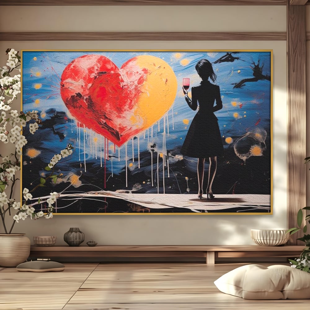 Tablou Canvas Premium, LuxCanva® G1117, Inima si Pahar, Noapte, Iubire, Femeie, Visare, Dor, Dragoste, Indragostita, Vin, Romantism, Living, Dormitor
