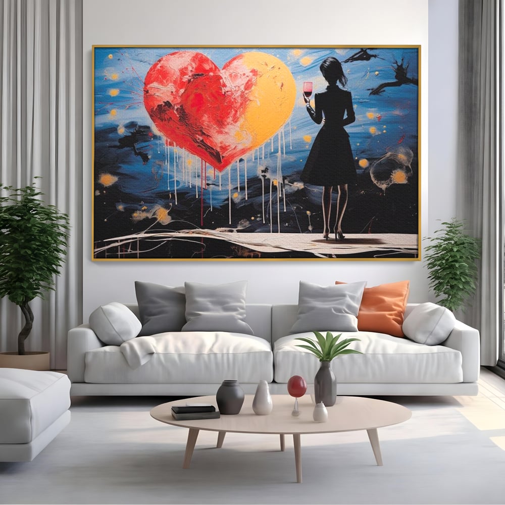 Tablou Canvas Premium, LuxCanva® G1117, Inima si Pahar, Noapte, Iubire, Femeie, Visare, Dor, Dragoste, Indragostita, Vin, Romantism, Living, Dormitor