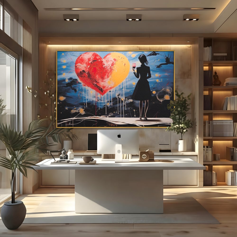 Tablou Canvas Premium, LuxCanva® G1117, Inima si Pahar, Noapte, Iubire, Femeie, Visare, Dor, Dragoste, Indragostita, Vin, Romantism, Living, Dormitor