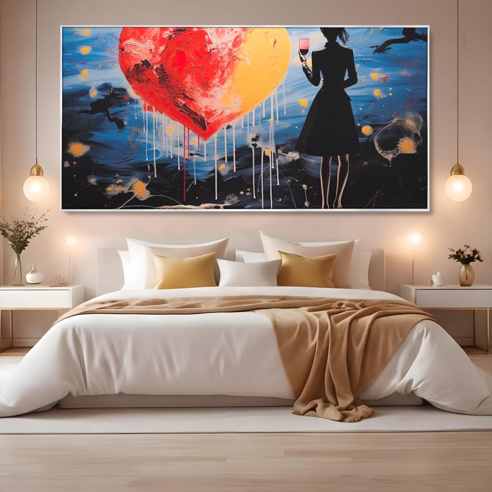 Tablou Canvas Premium, LuxCanva® G1117, Inima si Pahar, Noapte, Iubire, Femeie, Visare, Dor, Dragoste, Indragostita, Vin, Romantism, Living, Dormitor