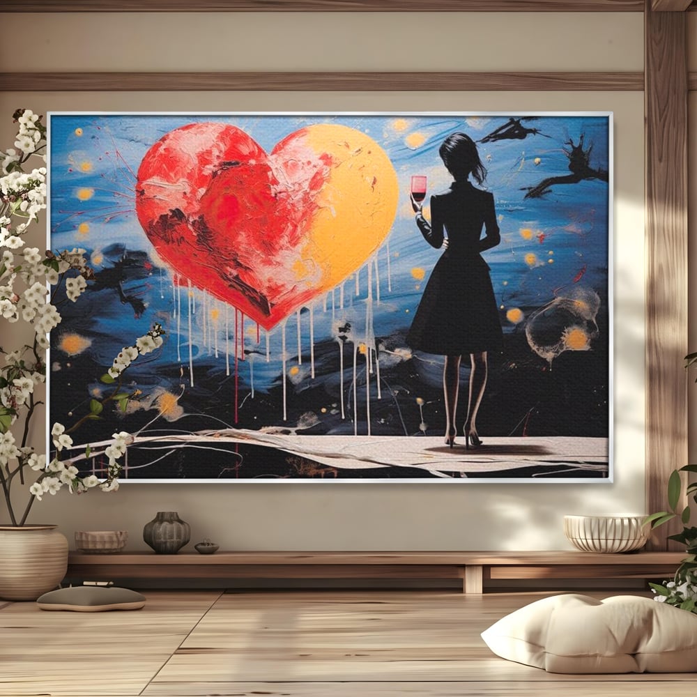 Tablou Canvas Premium, LuxCanva® G1117, Inima si Pahar, Noapte, Iubire, Femeie, Visare, Dor, Dragoste, Indragostita, Vin, Romantism, Living, Dormitor