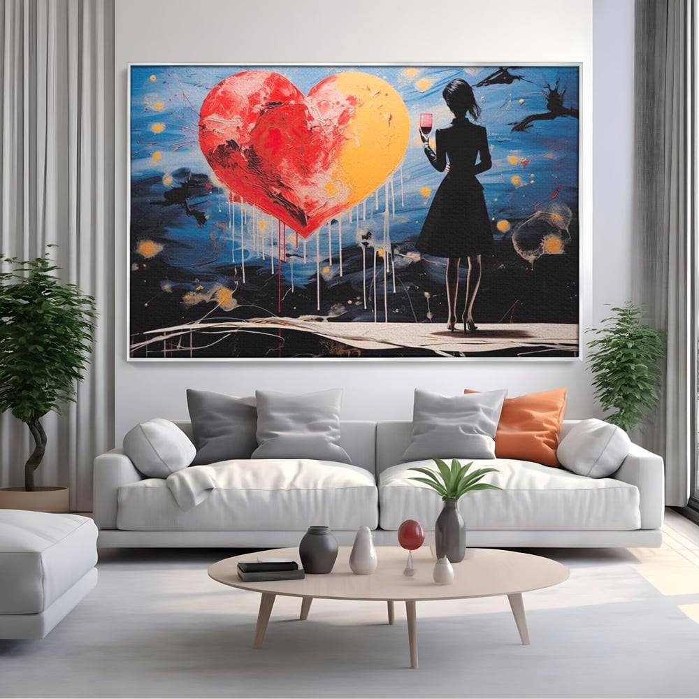 Tablou Canvas Premium, LuxCanva® G1117, Inima si Pahar, Noapte, Iubire, Femeie, Visare, Dor, Dragoste, Indragostita, Vin, Romantism, Living, Dormitor