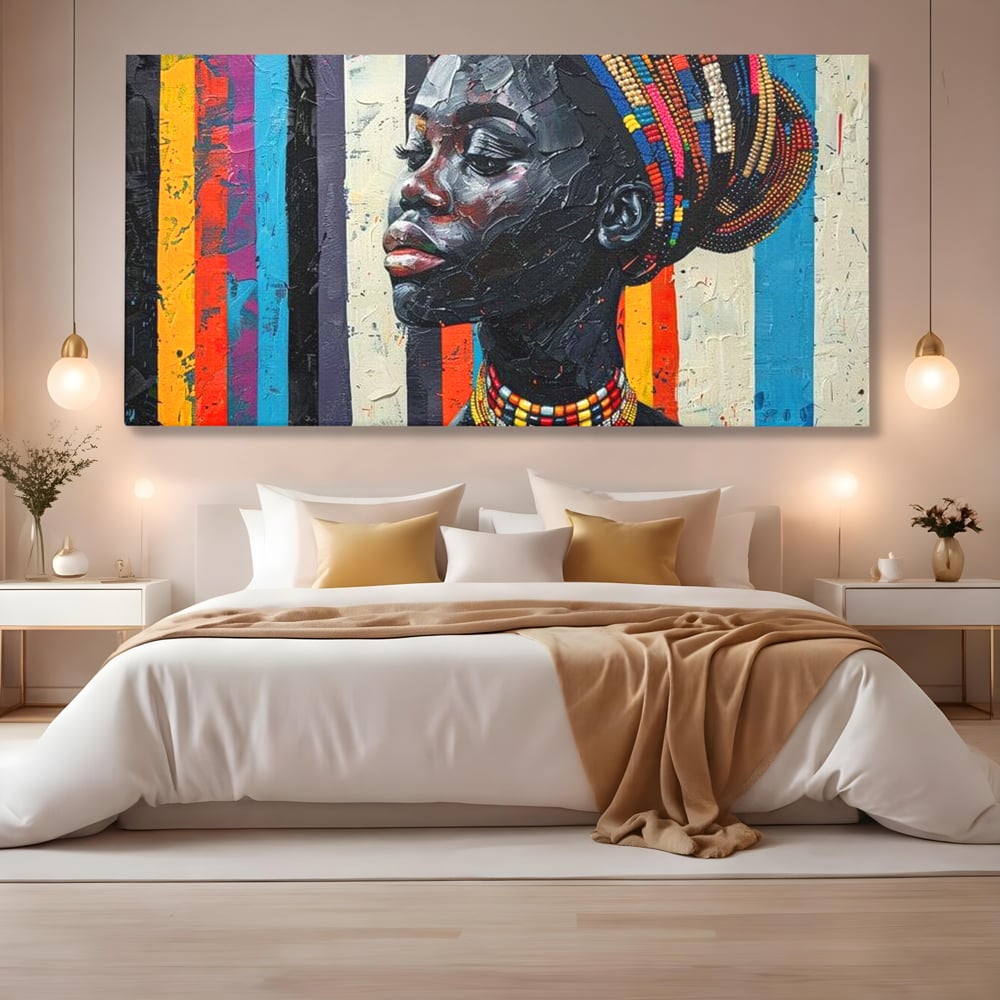 Leinwand Premium Canvas Wandkunst, LuxCanva® G1118, Afrikanische Geschichte, Farben, Perlen, Stammesgeschichte, Kontraste, Geist, Perlen, Geist, Identität, Profil, Eleganz, Wohnen, Schlafzimmer