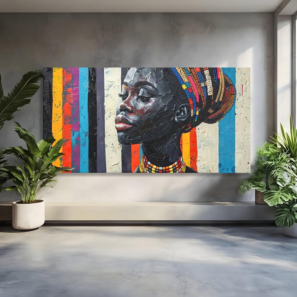Leinwand Premium Canvas Wandkunst, LuxCanva® G1118, Afrikanische Geschichte, Farben, Perlen, Stammesgeschichte, Kontraste, Geist, Perlen, Geist, Identität, Profil, Eleganz, Wohnen, Schlafzimmer