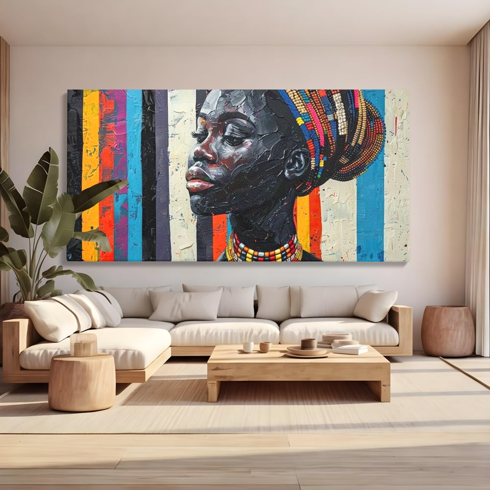 Leinwand Premium Canvas Wandkunst, LuxCanva® G1118, Afrikanische Geschichte, Farben, Perlen, Stammesgeschichte, Kontraste, Geist, Perlen, Geist, Identität, Profil, Eleganz, Wohnen, Schlafzimmer