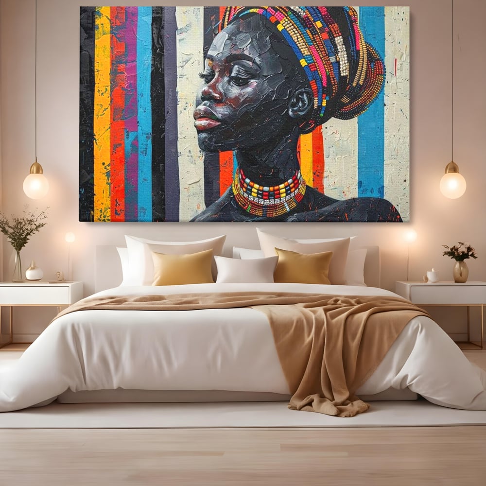 Leinwand Premium Canvas Wandkunst, LuxCanva® G1118, Afrikanische Geschichte, Farben, Perlen, Stammesgeschichte, Kontraste, Geist, Perlen, Geist, Identität, Profil, Eleganz, Wohnen, Schlafzimmer