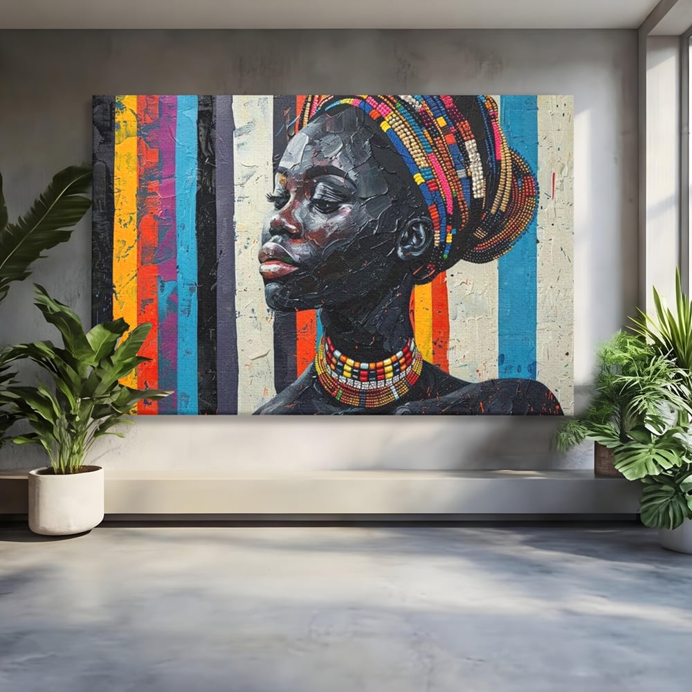 Leinwand Premium Canvas Wandkunst, LuxCanva® G1118, Afrikanische Geschichte, Farben, Perlen, Stammesgeschichte, Kontraste, Geist, Perlen, Geist, Identität, Profil, Eleganz, Wohnen, Schlafzimmer