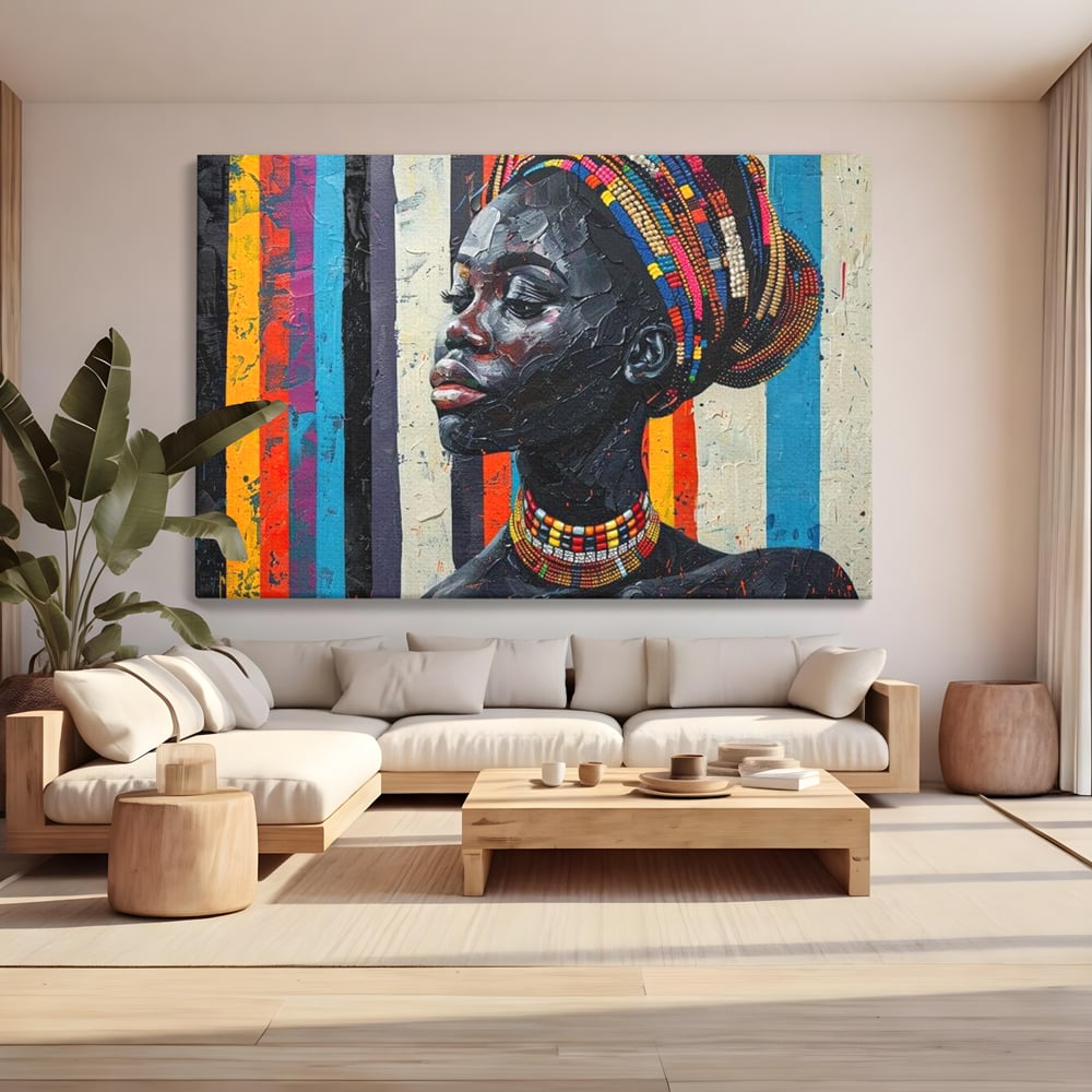 Leinwand Premium Canvas Wandkunst, LuxCanva® G1118, Afrikanische Geschichte, Farben, Perlen, Stammesgeschichte, Kontraste, Geist, Perlen, Geist, Identität, Profil, Eleganz, Wohnen, Schlafzimmer