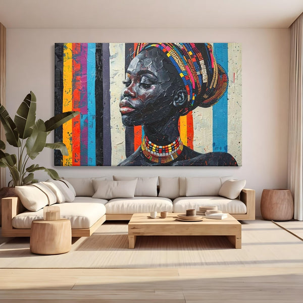 Leinwand Premium Canvas Wandkunst, LuxCanva® G1118, Afrikanische Geschichte, Farben, Perlen, Stammesgeschichte, Kontraste, Geist, Perlen, Geist, Identität, Profil, Eleganz, Wohnen, Schlafzimmer
