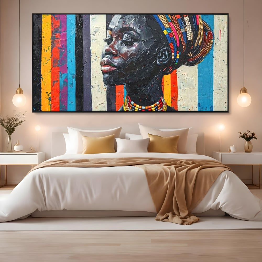 Leinwand Premium Canvas Wandkunst, LuxCanva® G1118, Afrikanische Geschichte, Farben, Perlen, Stammesgeschichte, Kontraste, Geist, Perlen, Geist, Identität, Profil, Eleganz, Wohnen, Schlafzimmer