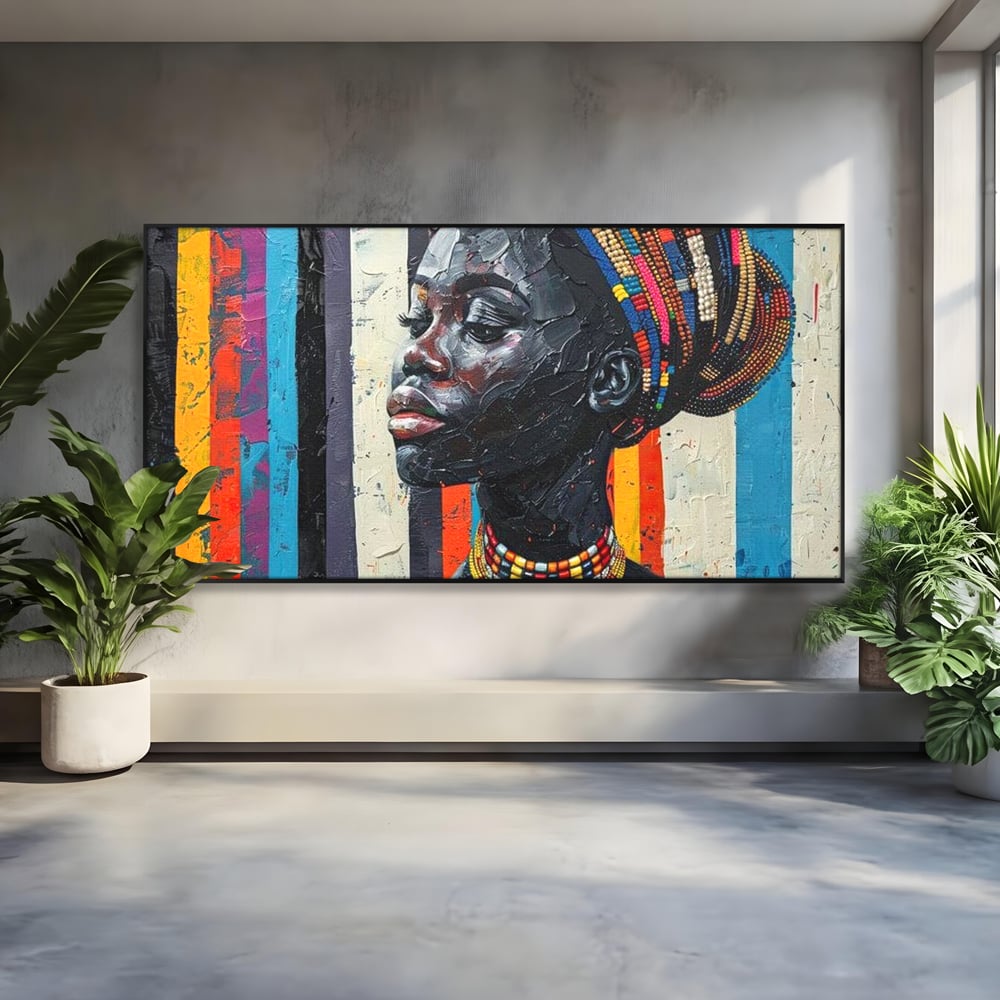 Leinwand Premium Canvas Wandkunst, LuxCanva® G1118, Afrikanische Geschichte, Farben, Perlen, Stammesgeschichte, Kontraste, Geist, Perlen, Geist, Identität, Profil, Eleganz, Wohnen, Schlafzimmer