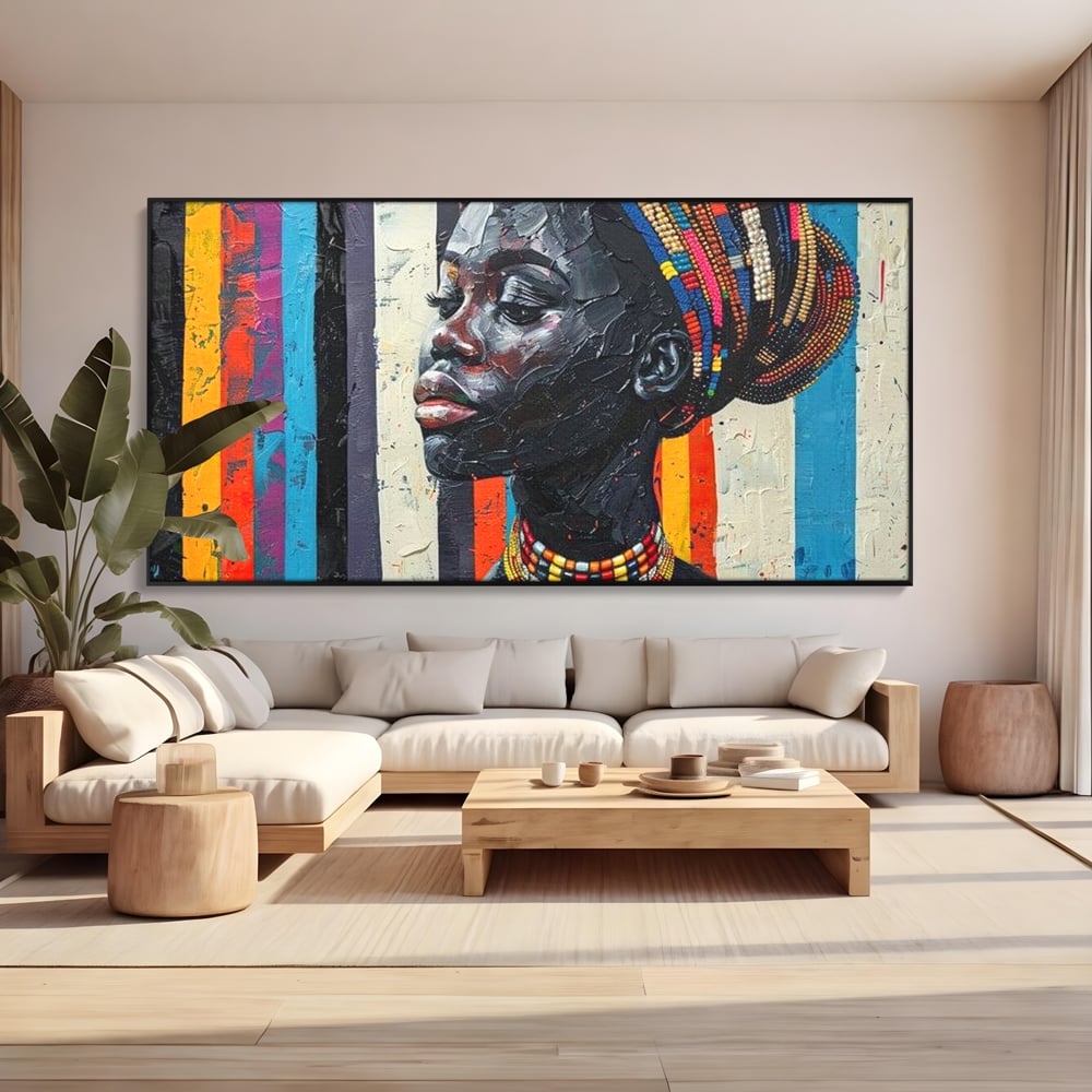 Leinwand Premium Canvas Wandkunst, LuxCanva® G1118, Afrikanische Geschichte, Farben, Perlen, Stammesgeschichte, Kontraste, Geist, Perlen, Geist, Identität, Profil, Eleganz, Wohnen, Schlafzimmer
