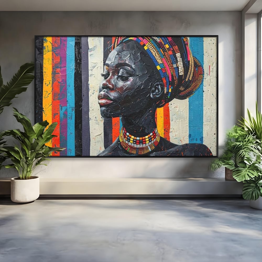 Leinwand Premium Canvas Wandkunst, LuxCanva® G1118, Afrikanische Geschichte, Farben, Perlen, Stammesgeschichte, Kontraste, Geist, Perlen, Geist, Identität, Profil, Eleganz, Wohnen, Schlafzimmer