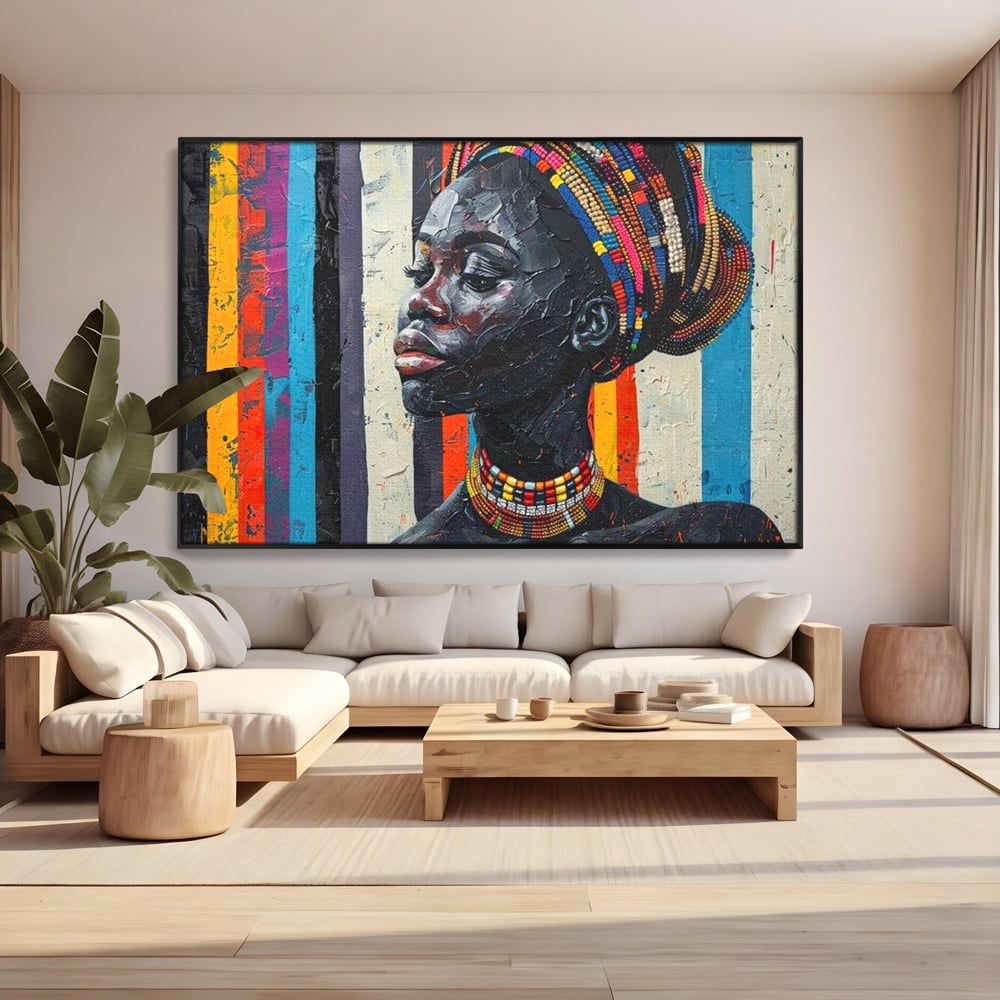 Leinwand Premium Canvas Wandkunst, LuxCanva® G1118, Afrikanische Geschichte, Farben, Perlen, Stammesgeschichte, Kontraste, Geist, Perlen, Geist, Identität, Profil, Eleganz, Wohnen, Schlafzimmer
