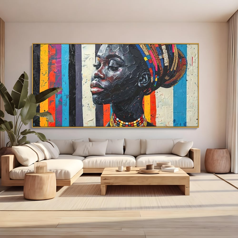 Leinwand Premium Canvas Wandkunst, LuxCanva® G1118, Afrikanische Geschichte, Farben, Perlen, Stammesgeschichte, Kontraste, Geist, Perlen, Geist, Identität, Profil, Eleganz, Wohnen, Schlafzimmer