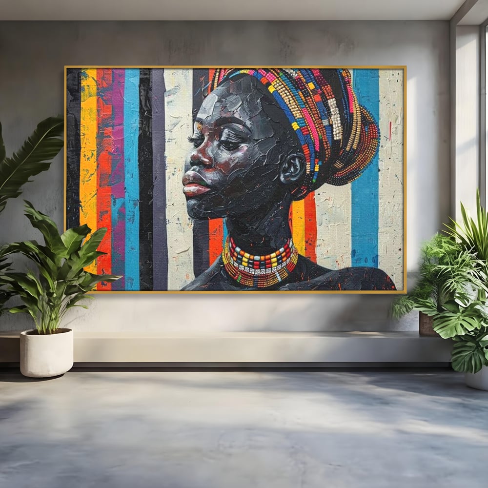 Leinwand Premium Canvas Wandkunst, LuxCanva® G1118, Afrikanische Geschichte, Farben, Perlen, Stammesgeschichte, Kontraste, Geist, Perlen, Geist, Identität, Profil, Eleganz, Wohnen, Schlafzimmer