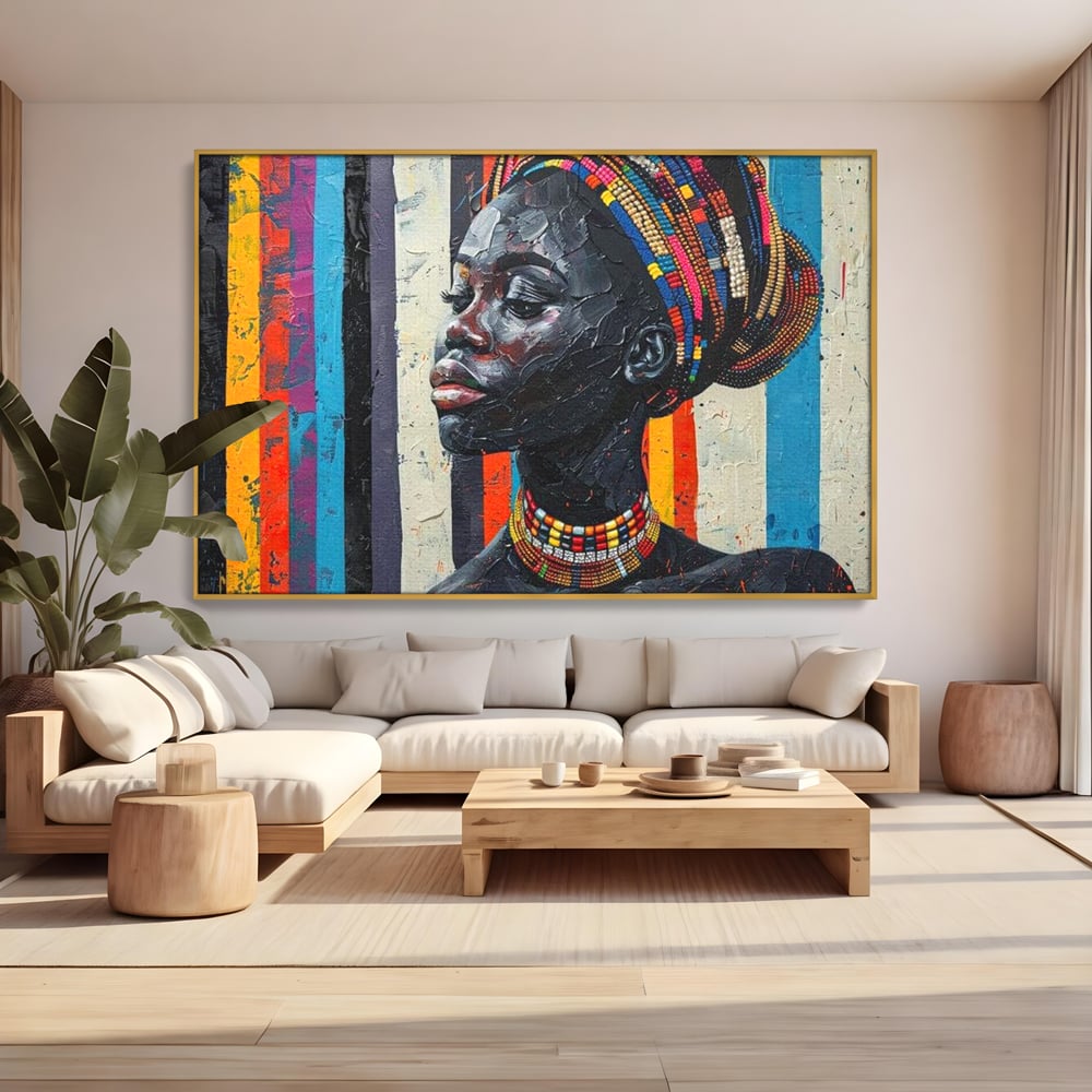 Leinwand Premium Canvas Wandkunst, LuxCanva® G1118, Afrikanische Geschichte, Farben, Perlen, Stammesgeschichte, Kontraste, Geist, Perlen, Geist, Identität, Profil, Eleganz, Wohnen, Schlafzimmer