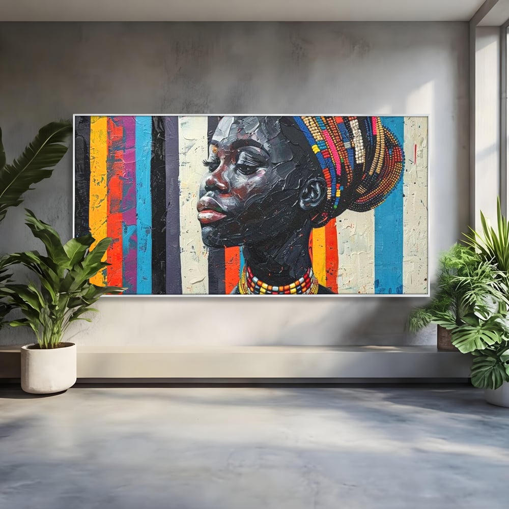 Leinwand Premium Canvas Wandkunst, LuxCanva® G1118, Afrikanische Geschichte, Farben, Perlen, Stammesgeschichte, Kontraste, Geist, Perlen, Geist, Identität, Profil, Eleganz, Wohnen, Schlafzimmer