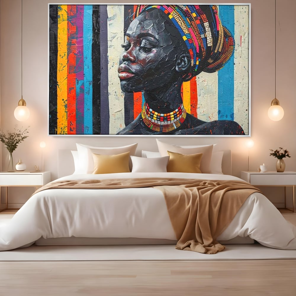 Leinwand Premium Canvas Wandkunst, LuxCanva® G1118, Afrikanische Geschichte, Farben, Perlen, Stammesgeschichte, Kontraste, Geist, Perlen, Geist, Identität, Profil, Eleganz, Wohnen, Schlafzimmer