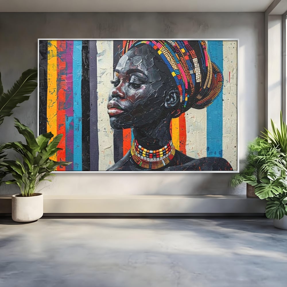 Leinwand Premium Canvas Wandkunst, LuxCanva® G1118, Afrikanische Geschichte, Farben, Perlen, Stammesgeschichte, Kontraste, Geist, Perlen, Geist, Identität, Profil, Eleganz, Wohnen, Schlafzimmer
