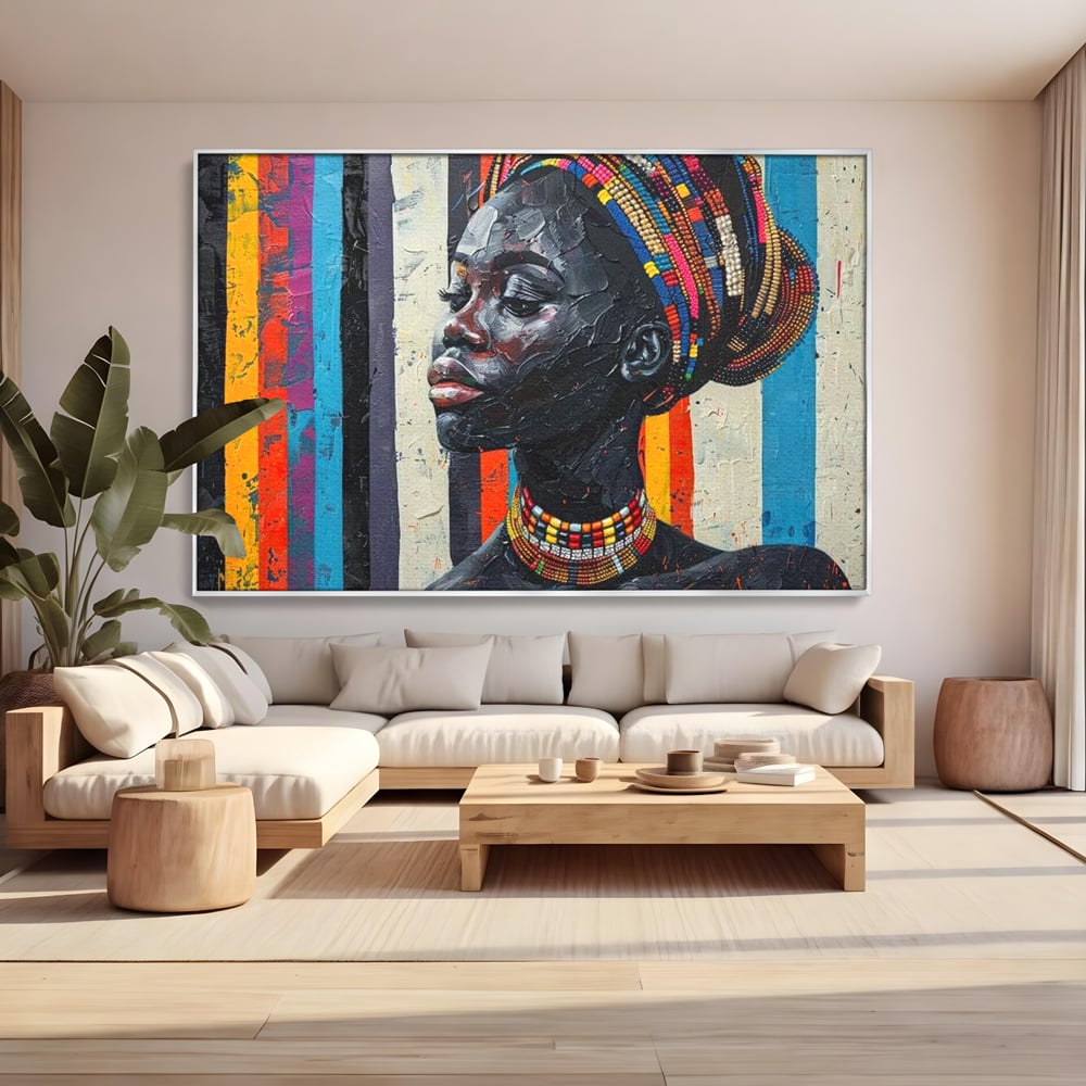 Leinwand Premium Canvas Wandkunst, LuxCanva® G1118, Afrikanische Geschichte, Farben, Perlen, Stammesgeschichte, Kontraste, Geist, Perlen, Geist, Identität, Profil, Eleganz, Wohnen, Schlafzimmer